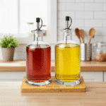 Danny Home Oil and Vinegar Dispenser Bottle Set 500ml  with Airtight Pour Spout & Acacia Wood Coaster - Image 3