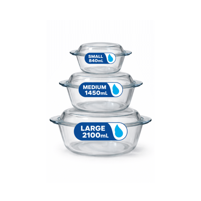Borcam Oven Glass Casserole Set with Lids (3 Pieces) – Turkish Made Heat Resistant Glass Bakeware Set (2100ml, 1450ml, 840ml) – Oven, Freezer & Dishwasher Safe - Image 2