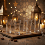 ⁦طقم أكواب عصير رمضان من باشاباشي أزور، 6 قطع - أكواب زجاجية سعة 300 مل مزينة بخط عربي فريد⁩ - الصورة ⁦2⁩