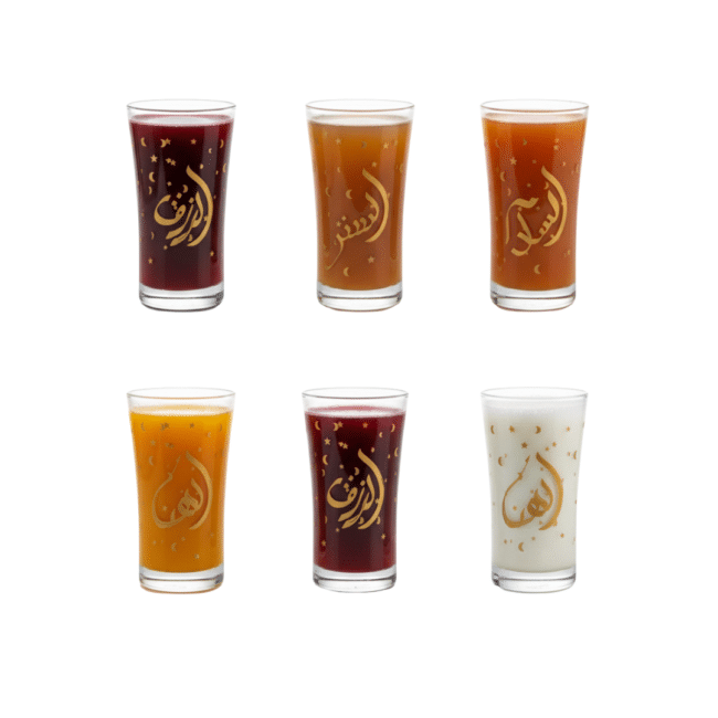 ⁦طقم أكواب عصير رمضان من باشاباشي أزور، 6 قطع - أكواب زجاجية سعة 300 مل مزينة بخط عربي فريد⁩ - الصورة ⁦3⁩