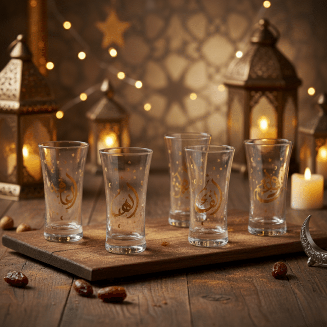 ⁦طقم أكواب عصير رمضان من باشاباشي أزور، 6 قطع - أكواب زجاجية سعة 300 مل مزينة بخط عربي فريد⁩ - الصورة ⁦2⁩