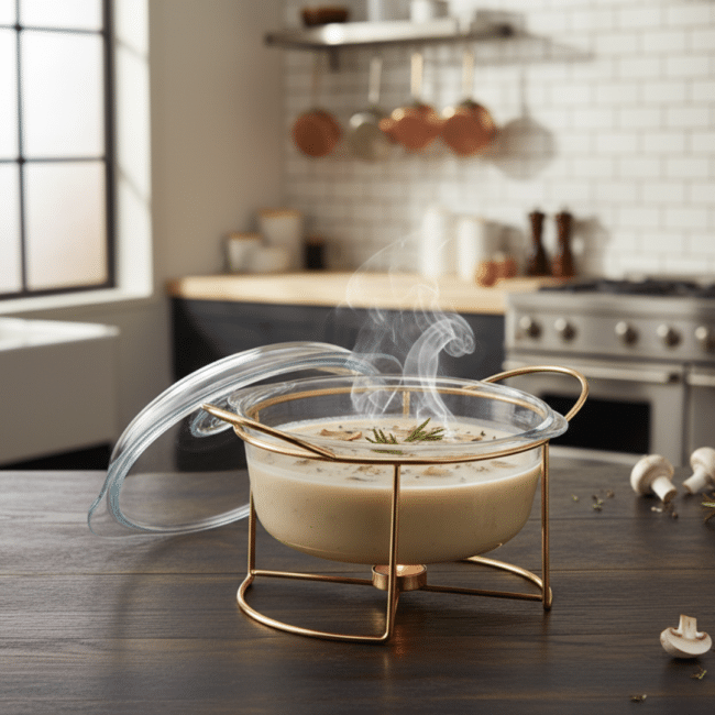 Borcam Round Glass Casserole with Cover & Gold Stand -27×23.9cm (3L)-Turkey Made - Image 2