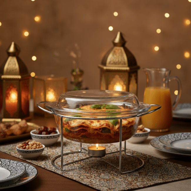 Borcam Round Glass Casserole with Cover & Silver Stand - 2100ml-Turkey Made - Image 2