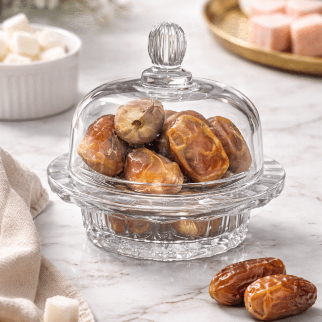 ⁦تمرية حلوى زجاجي عتيق بغطاء - مرطبان تخزين أنيق من الزجاج المقطوع بمقبض - طبق حلوى مزخرف خالٍ من الرصاص للتمر والمكسرات والحلويات - 12.5 سم⁩ - الصورة ⁦2⁩