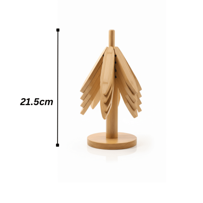 ⁦طقم وسادات عازلة للحرارة من خشب البامبو - طقم قواعد قابلة للطي مكون من 4 قطع مع حامل تخزين مزخرف على شكل شجرة - 20 سم - خشب طبيعي صديق للبيئة⁩ - الصورة ⁦4⁩