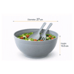 Dunya Plastic Chef Salad Bowl Set 27 cm (5.5L) – Large Serving & Mixing Bowl with Salad Spoon & Fork, Light Grey - Image 2
