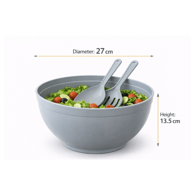 Dunya Plastic Chef Salad Bowl Set 27 cm (5.5L) – Large Serving & Mixing Bowl with Salad Spoon & Fork, Light Grey - Image 2