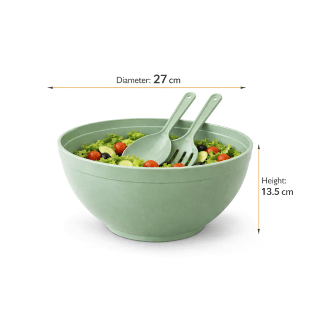 Dunya Plastic Chef Salad Bowl Set 27 cm (5.5L) – Large Serving & Mixing Bowl with Salad Spoon & Fork, Green - Image 2