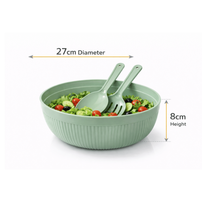 Dunya Plastic Chef Salad Bowl Set 27 cm – Large Serving Bowl with Salad Spoon & Fork (4000 ml)-Green - Image 2