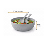 Dunya Plastic Chef Salad Bowl Set 27 cm – Large Serving Bowl with Salad Spoon & Fork (4000 ml)-Light Grey - Image 2