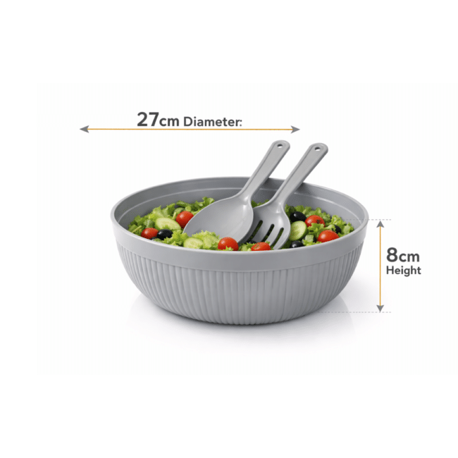 Dunya Plastic Chef Salad Bowl Set 27 cm – Large Serving Bowl with Salad Spoon & Fork (4000 ml)-Light Grey - Image 2