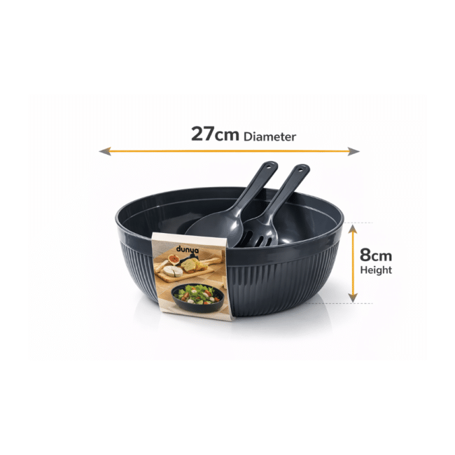 Dunya Plastic Chef Salad Bowl Set 27 cm – Large Serving Bowl with Salad Spoon & Fork (4000 ml)-Dark Grey - Image 3