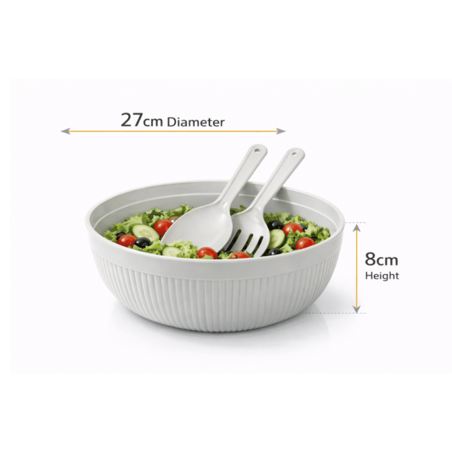 Dunya Plastic Chef Salad Bowl Set 27 cm – Large Serving Bowl with Salad Spoon & Fork (4000 ml)-Beige - Image 2
