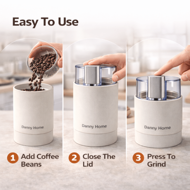 ⁦مطحنة قهوة كهربائية منزلية من داني – مطحنة حبوب قهوة بلمسة واحدة بشفرات من الفولاذ المقاوم للصدأ، مطحنة قهوة صغيرة وسريعة للإسبريسو والقهوة المقطرة والقهوة الفرنسية⁩ - الصورة ⁦4⁩
