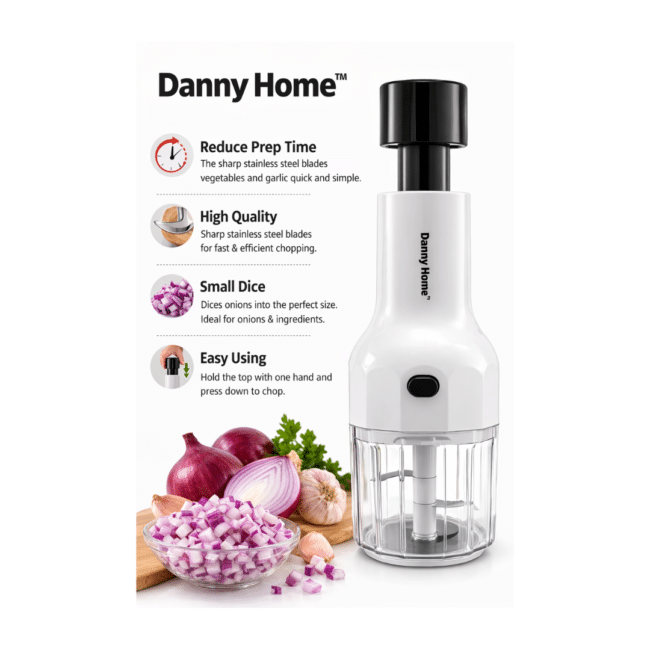 ⁦مفرمة بصل يدوية من داني هوم - مفرمة خضراوات وثوم تعمل بالضغط مع شفرات من الفولاذ المقاوم للصدأ - قطاعة طعام سهلة الضغط⁩ - الصورة ⁦2⁩