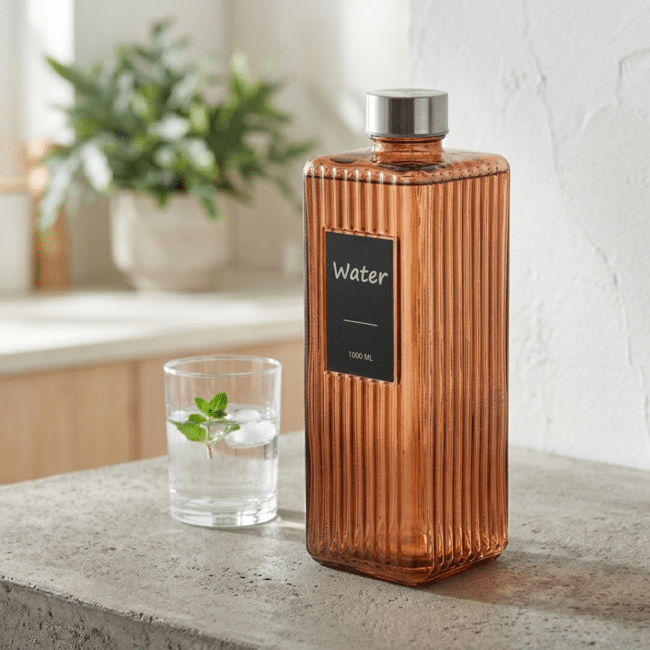 Amber Ribbed Square Glass Bottle 1000ml – Water Storage Bottle with Metal Lid - Image 2