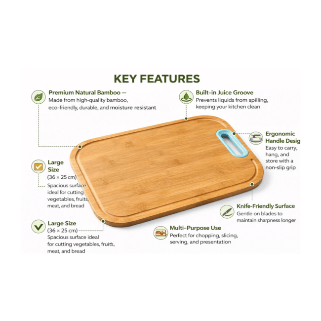 ⁦لوح تقطيع من الخيزران 36 × 25 سم - لوح تقطيع خشبي كبير مزود بمجرى للعصارة ومقبض - لوح تحضير متين للمطبخ⁩ - الصورة ⁦2⁩