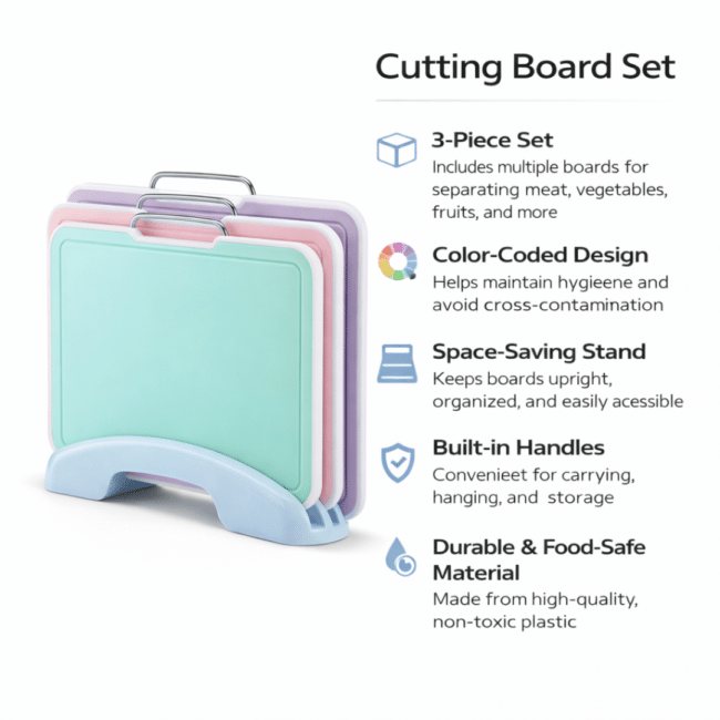 3-Piece Cutting Board Set with Stand & Carry Handles – Multi-Color Kitchen Chopping Boards - Image 2