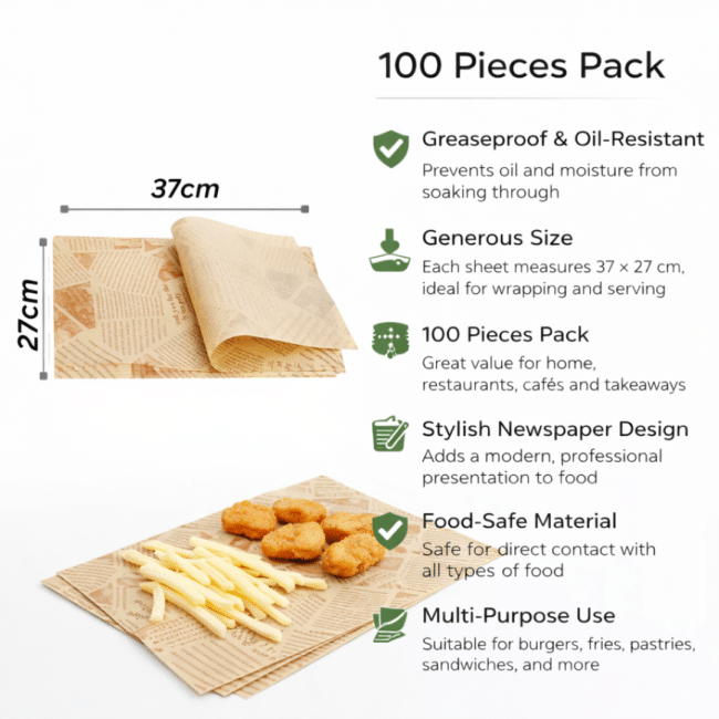 Greaseproof Food Wrapping Paper Sheets – 37 × 27 cm (100 Pieces) – Newspaper Print - Image 3
