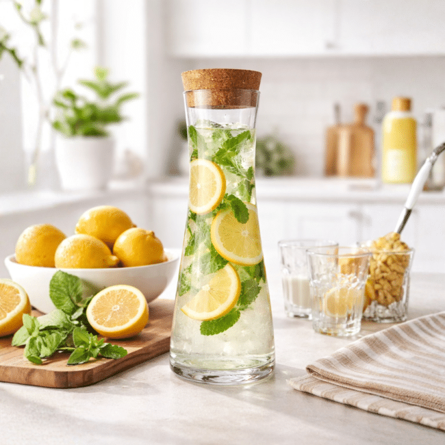 Danny Home Glass Water Bottle with Cork Lid 870ml – Clear Glass Carafe for Juice, Lemon Water & Cold Drinks – Elegant Slim Design Beverage Bottle - Image 3