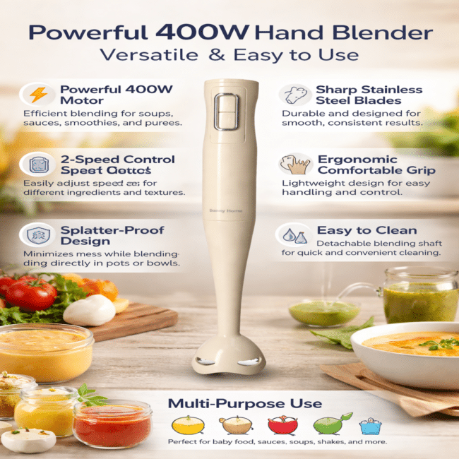 Danny Home Hand Blender 400W – Electric Immersion Blender with Stainless Steel Blades, 2-Speed Control, Ergonomic Grip, Stick Blender for Soup, Smoothies & Baby Food - Image 3
