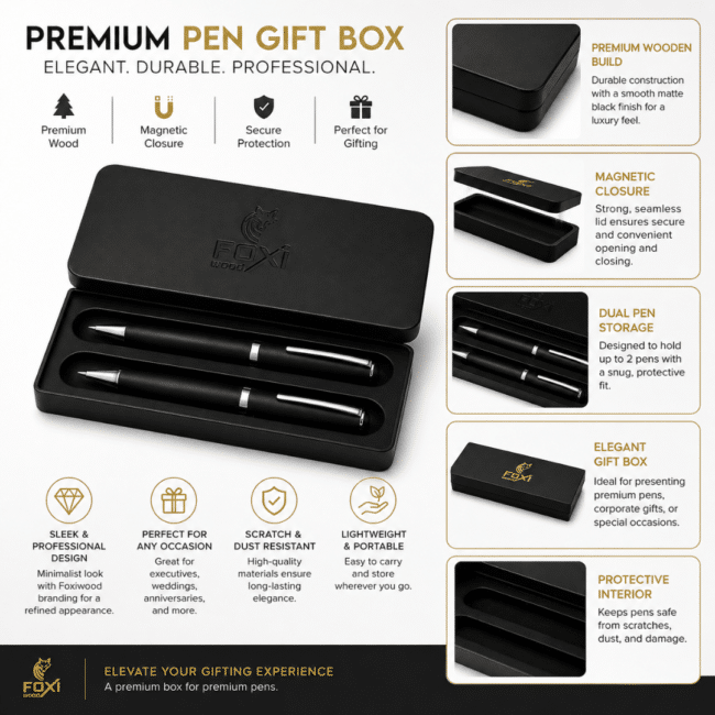 Foxiwood Premium Wooden Pen Box with Magnetic Closure – 21.5 × 7.3 cm - Image 4