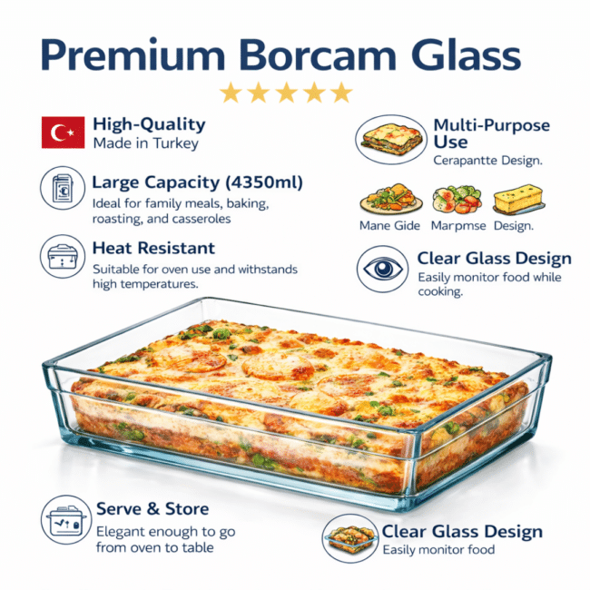 Borcam Rectangular Glass Oven Tray 36×26 cm (4350ml) – Heat Resistant Baking Dish, Made in Turkey - Image 2
