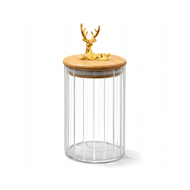 Round Ribbed Glass Storage Jar 750ml with Airtight Bamboo Lid & Decorative Deer Handle - Image 2