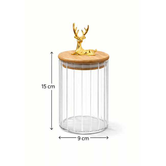 Round Ribbed Glass Storage Jar 750ml with Airtight Bamboo Lid & Decorative Deer Handle - Image 3