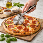 ⁦قطاعة بيتزا دوارة من الفولاذ المقاوم للصدأ - قطاعة بيتزا شديدة التحمل بمقبض مريح مانع للانزلاق - قطاعة دوارة حادة للبيتزا والمعجنات والعجين⁩ - الصورة ⁦2⁩