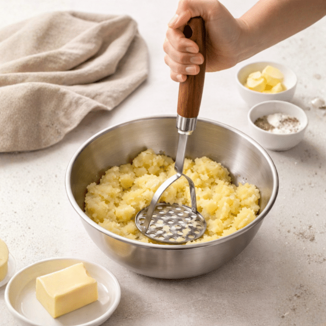 ⁦هراسة بطاطس من الفولاذ المقاوم للصدأ بمقبض خشبي - هراسة يدوية شديدة التحمل بطول 28 سم - مقبض مريح للبطاطس والخضراوات وأطعمة الأطفال⁩ - الصورة ⁦2⁩