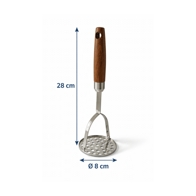 ⁦هراسة بطاطس من الفولاذ المقاوم للصدأ بمقبض خشبي - هراسة يدوية شديدة التحمل بطول 28 سم - مقبض مريح للبطاطس والخضراوات وأطعمة الأطفال⁩ - الصورة ⁦3⁩