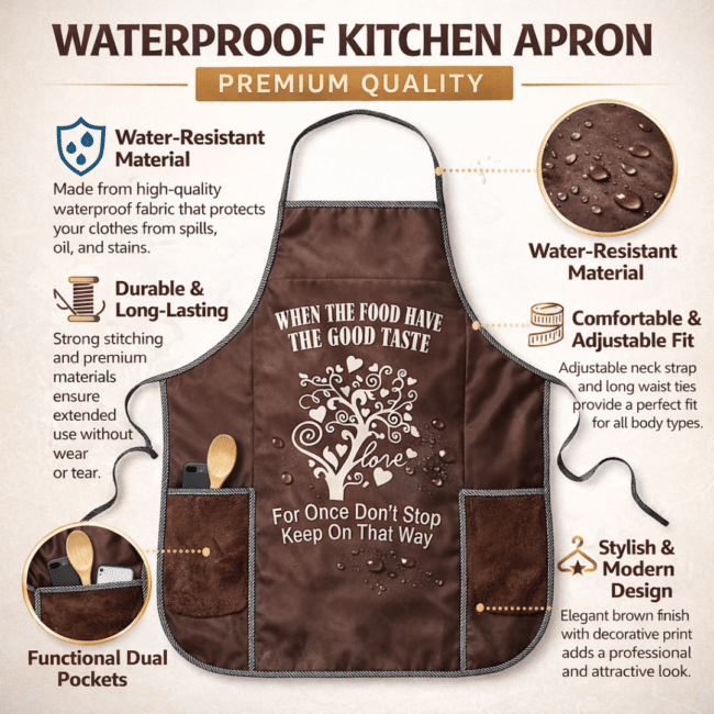 Waterproof Kitchen Apron for Women & Men – Adjustable Cooking Apron with Pockets, Oil & Stain Resistant Chef Apron for Cooking, Baking, BBQ & Cleaning Brown color - Image 3
