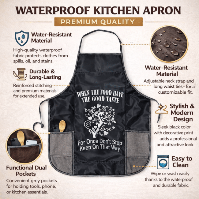 Waterproof Kitchen Apron for Women & Men – Adjustable Cooking Apron with Pockets, Oil & Stain Resistant Chef Apron for Cooking, Baking, BBQ & Cleaning Black color - Image 2