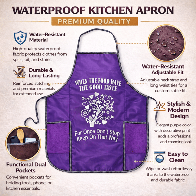 Waterproof Kitchen Apron for Women & Men – Adjustable Cooking Apron with Pockets, Oil & Stain Resistant Chef Apron for Cooking, Baking, BBQ & Cleaning Purple color - Image 2