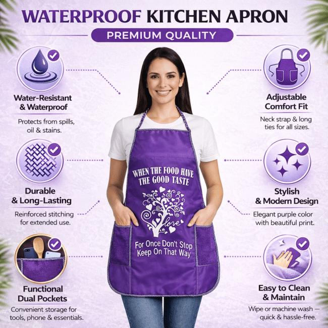 Waterproof Kitchen Apron for Women & Men – Adjustable Cooking Apron with Pockets, Oil & Stain Resistant Chef Apron for Cooking, Baking, BBQ & Cleaning Purple color - Image 3